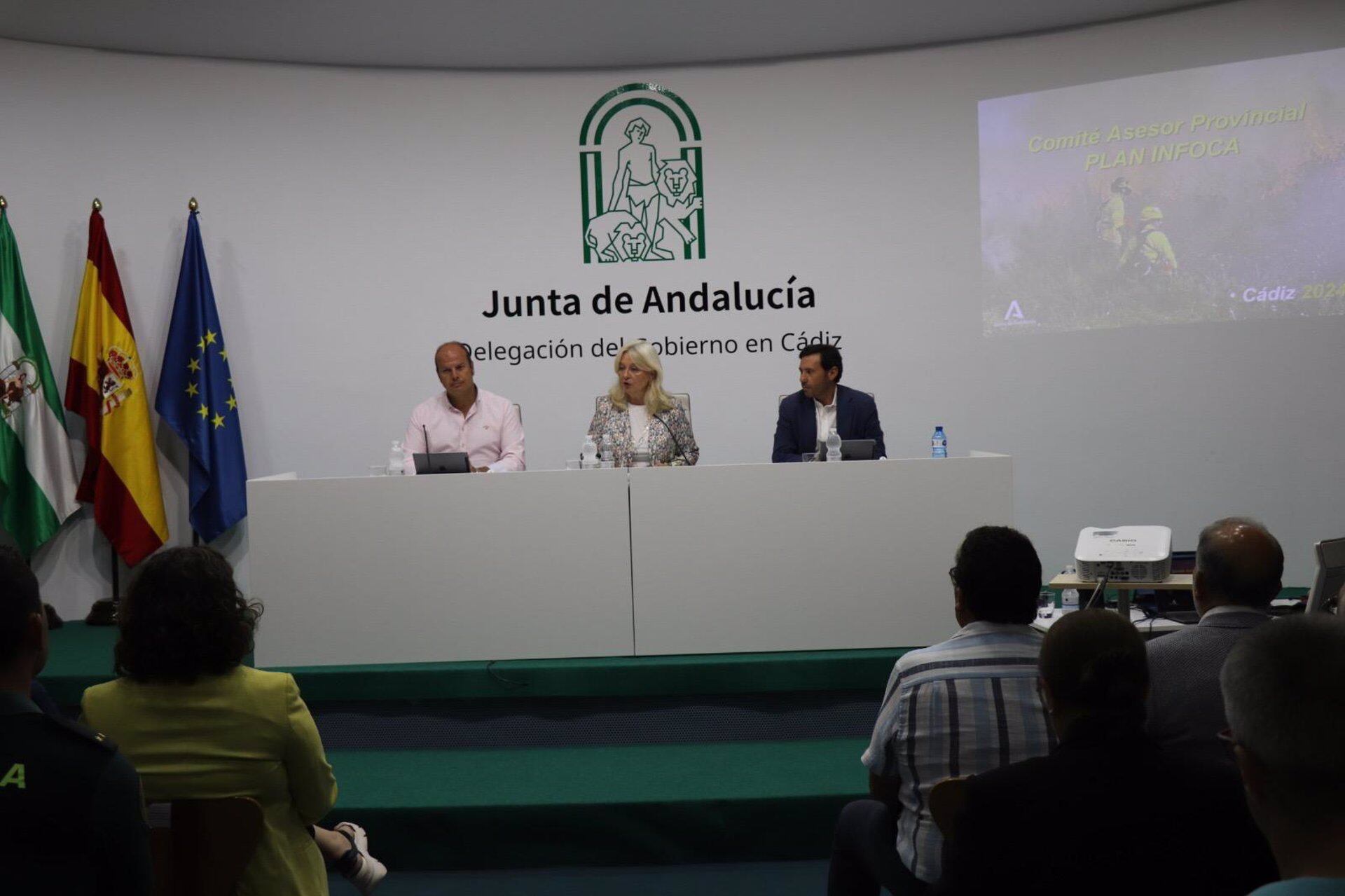 La delegada del Gobierno de la Junta de Andalucía en Cádiz, Mercedes Colombo, presidiendo el Comité Asesor del Plan Infoca en la provincia