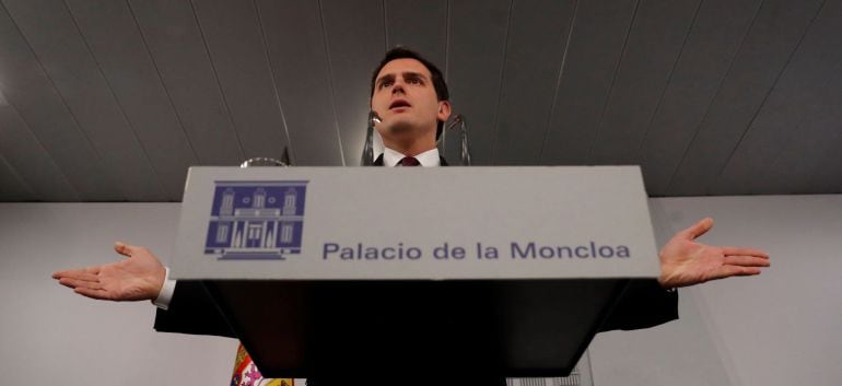 Albert Rivera, presidente de Ciudadanos en una conferencia de prensa ofrecida en el Palacio de La Moncloa