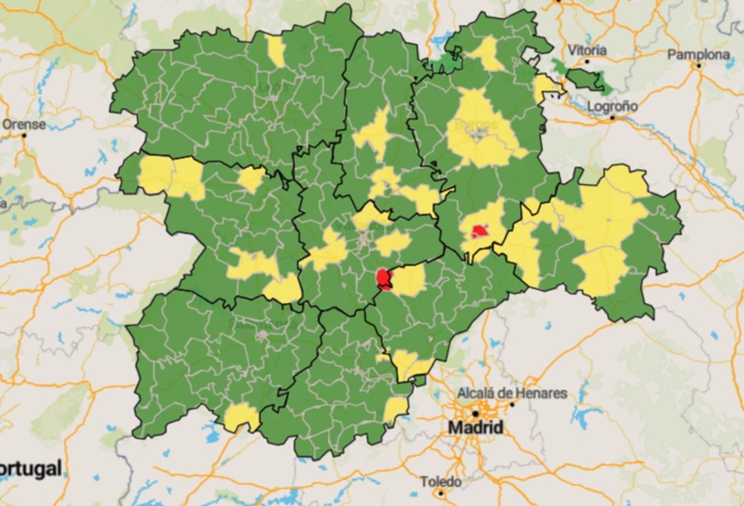 Mapa de la situación epidemiológica por coronavirus de Castilla y León a 1 de agosto de 2020