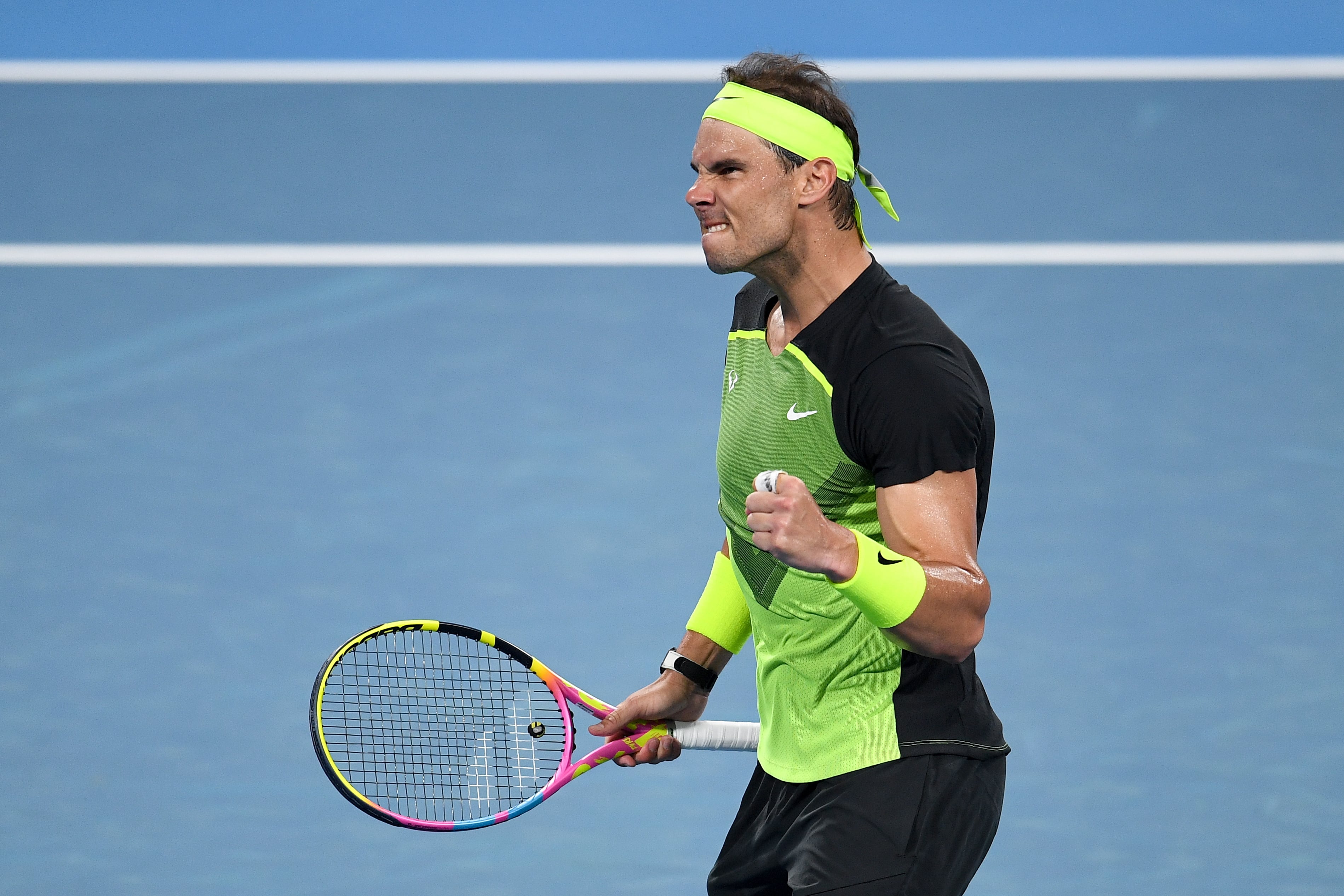 -FOTODELDIA- El tenista español Rafa Nadal celebra su primer set durante el partido de de la United Cup 2023 entre España y Australia en Sidney, Australia, este 02 de enero 2023. EFE/STEVEN MARKHAM AUSTRALIA AND NEW ZEALAND OUT
