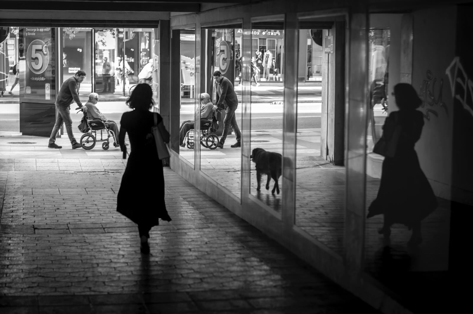 Mujer con su perro pasea por el pasadizo de la Plaza de la Aurora (Murcia). Pepe Jara.