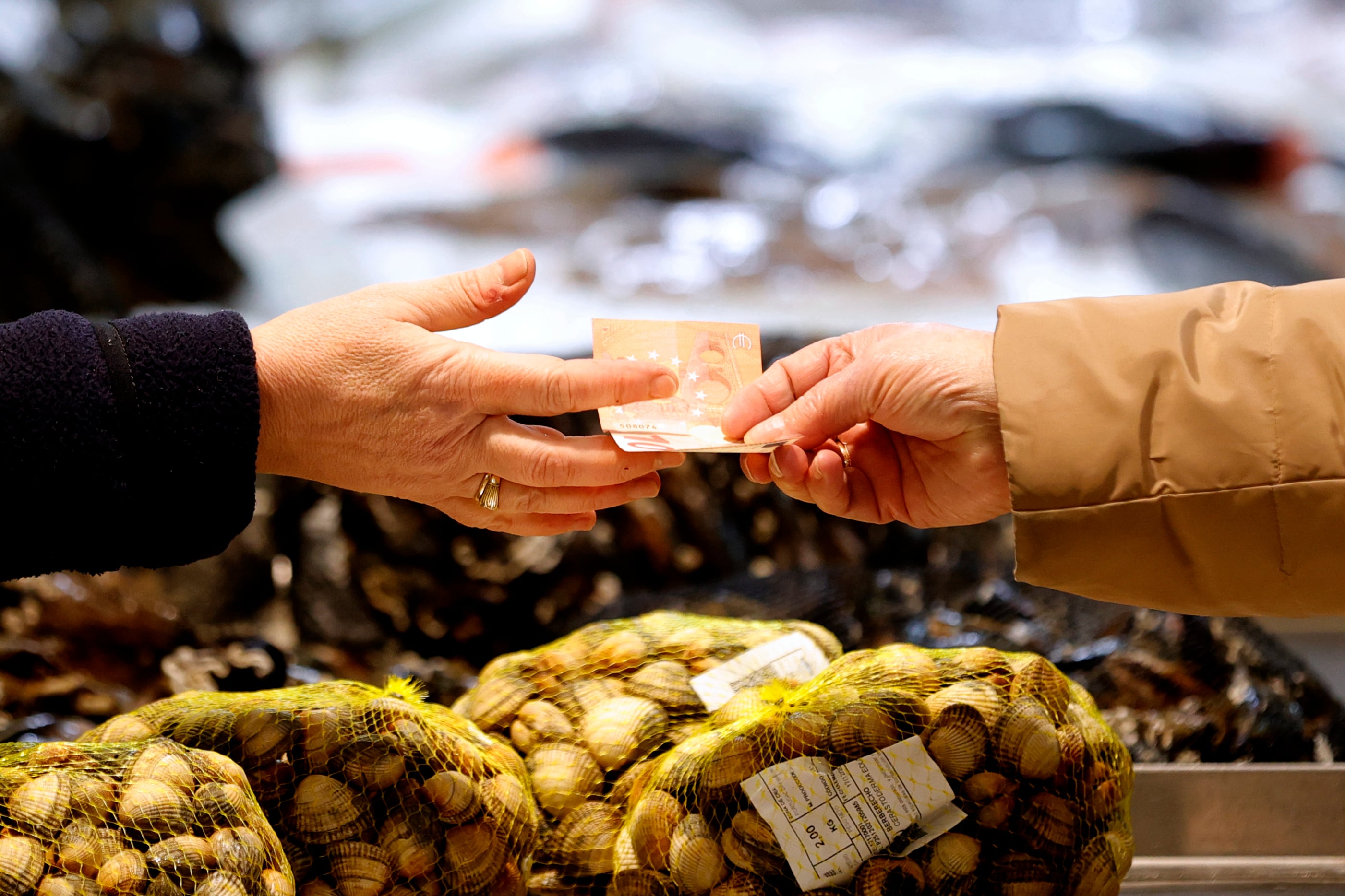 FOTODELDÍA A CORUÑA, 17/12/25.- Una mujer pagaba una compra de mejillones con un billete de 10 euros en el mercado de la Plaza de Lugo, en la ciudad de A Coruña. A una semana de Navidad, los gallegos que buscan pescado y marisco fresco en el mercado para las fiestas se encuentran con precios disparados, con el kilo de almeja por encima de los 40 euros y la centolla a casi 50, mientras los placeros se quejan de que las ventas han bajado respecto a 2024. EFE/Cabalar