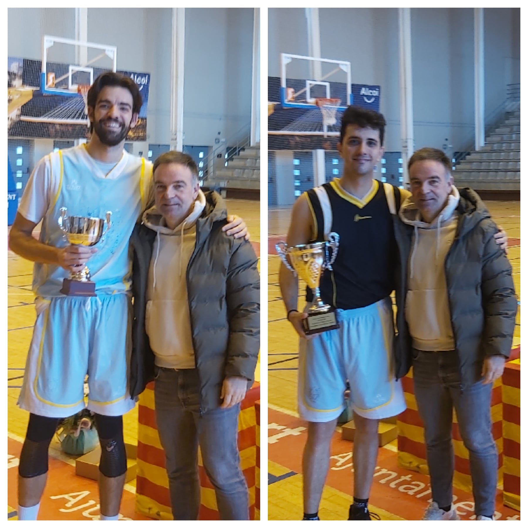 Carlos Matarredona, subcampeón, y Jaume Pozo, campeón del concurso de triples, con el director municipal de instalaciones, Javi López