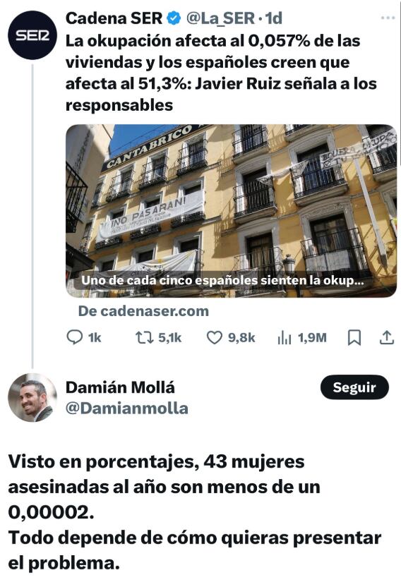El tuit de Damián Mollá donde habla de okupaciones y la violencia machista