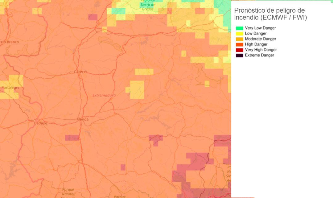 Situación de peligro de incendio forestal para Extremadura para el 8 de junio de 2020