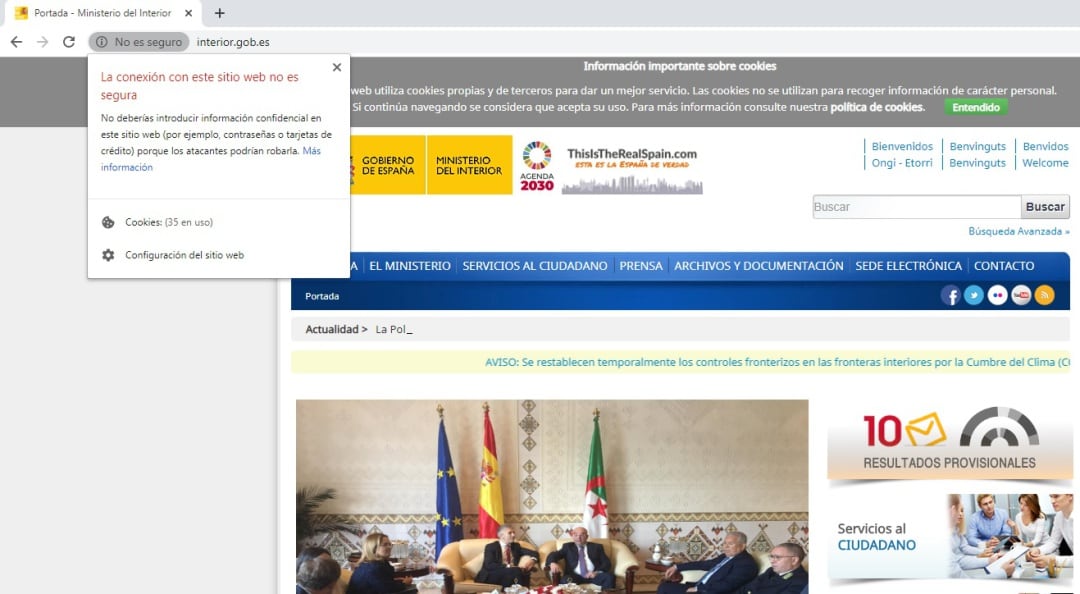 &quot;La conexión con este sitio web no es segura&quot;, el mensaje que aparece en la página web del Ministerio del Interior