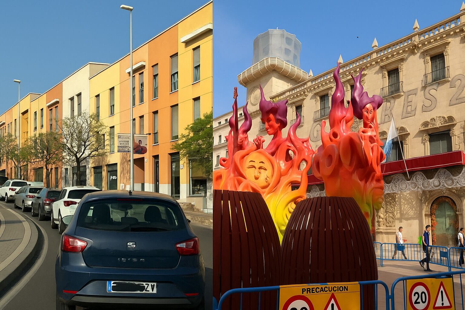 Atascos y piezas de la hoguera oficial de Alicante en el primer día de restricción al tráfico en el centro de la ciudad por las Hogueras 2025