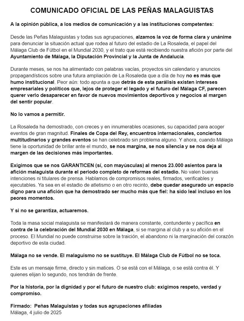 Comunicado de las peñas del Málaga