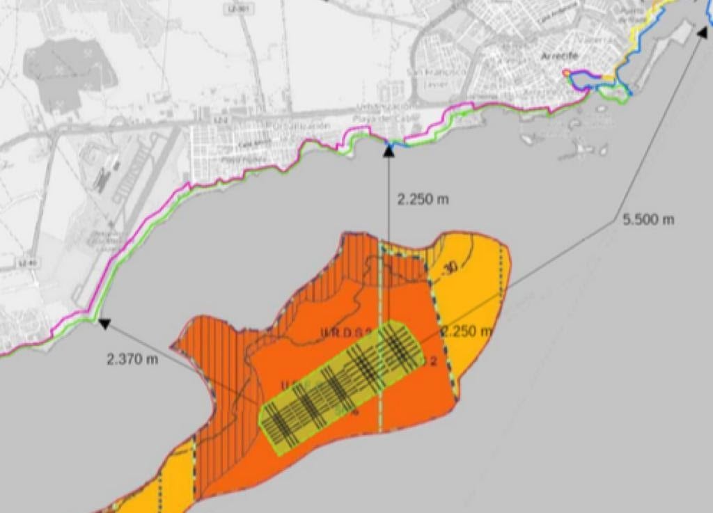 Zona en la que se pretende instalar jaulas de acuicultura, frente a los municipios lanzaroteños de Tías, San Bartolomé, Arrecife y Teguise.