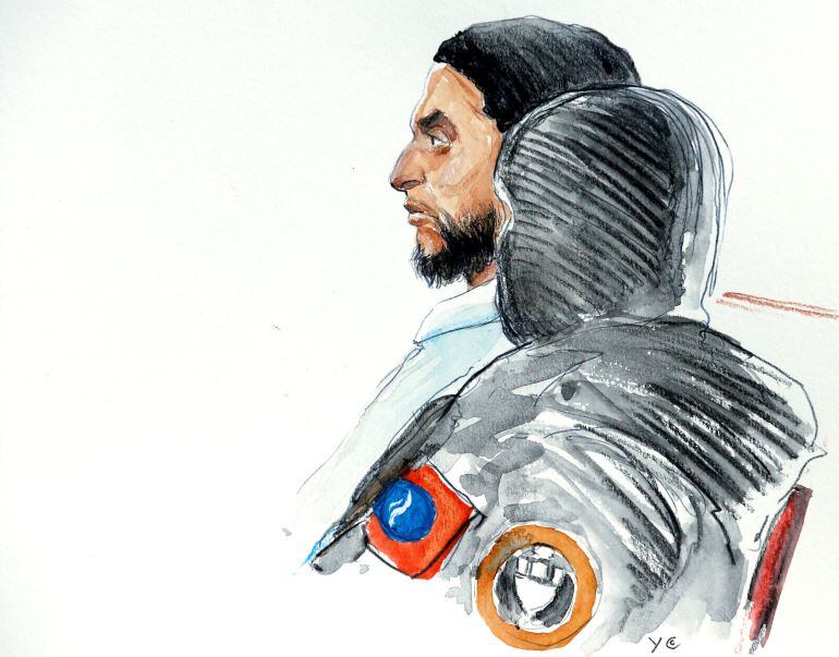 Dibujo de Salah Abdeslam ante el tribunal que le juzga en Bruselas