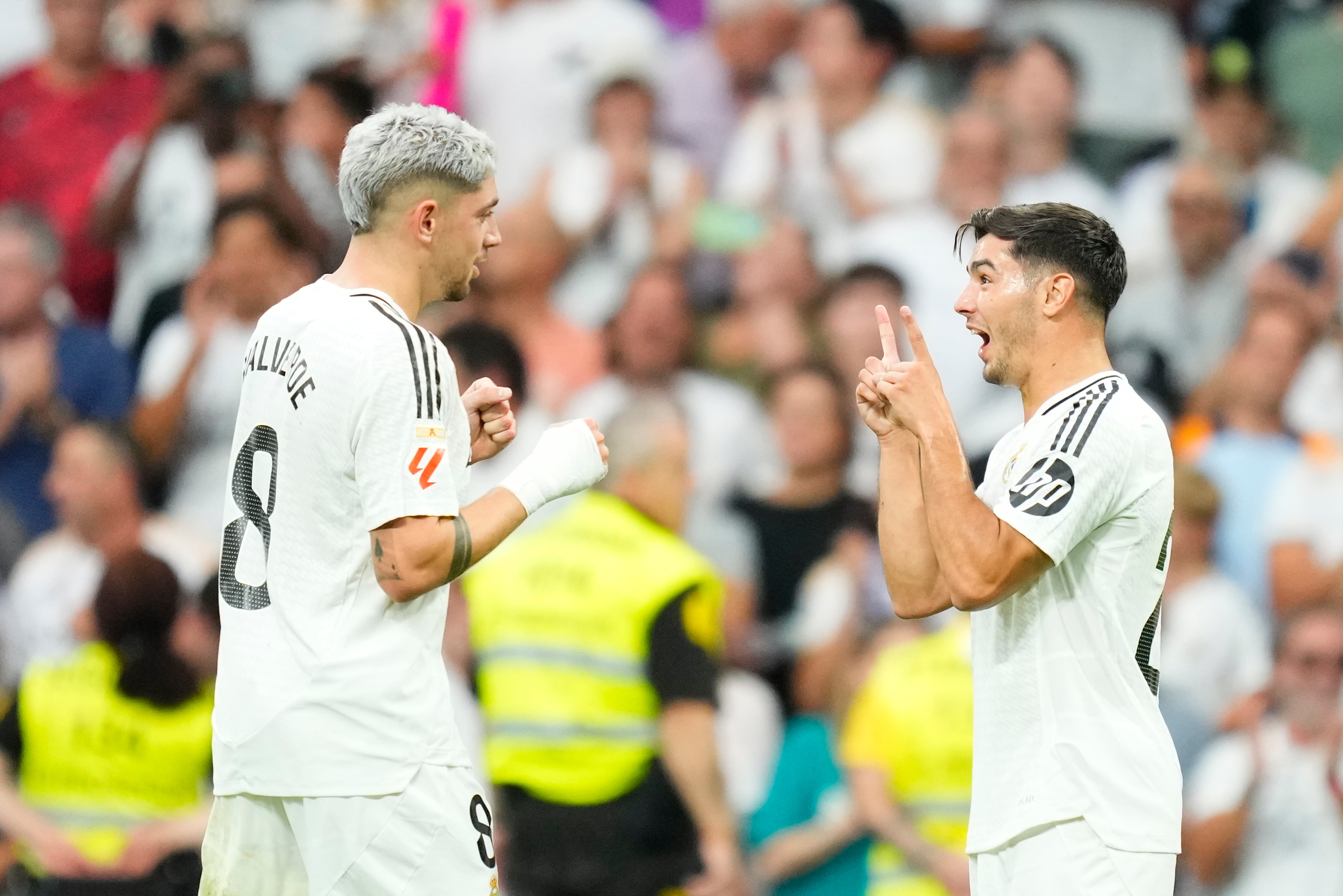 Brahim Diaz attacking midfield of Real Madrid and Spain celebrates after scoring his sides first goal during the La Liga match between Real Madrid CF and Real Valladolid CF at Estadio Santiago Bernabeu on August 25, 2024 in Madrid, Spain. (Photo by Jose Breton/Pics Action/NurPhoto via Getty Images)