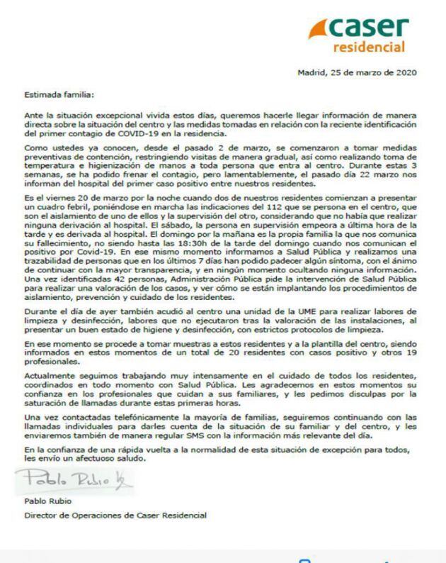 Carta a la que ha tenido acceso la Cadena SER de la dirección de la residencia Caser de Santo Ángel a los familiares de residentes, en la que informan de la situación en la que se encuentran, con contagio de 20 mayores y de la mayoría del personal del centro, 19 personas contagiadas por coronavirus.