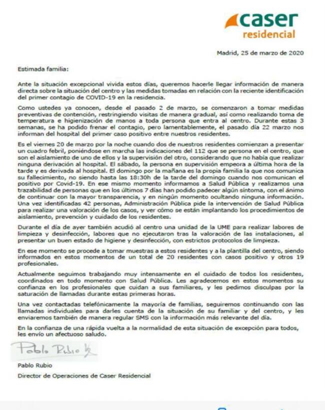 Carta a la que ha tenido acceso la Cadena SER de la dirección de la residencia Caser de Santo Ángel a los familiares de residentes, en la que informan de la situación en la que se encuentran, con contagio de 20 mayores y de la mayoría del personal del centro, 19 personas contagiadas por coronavirus.