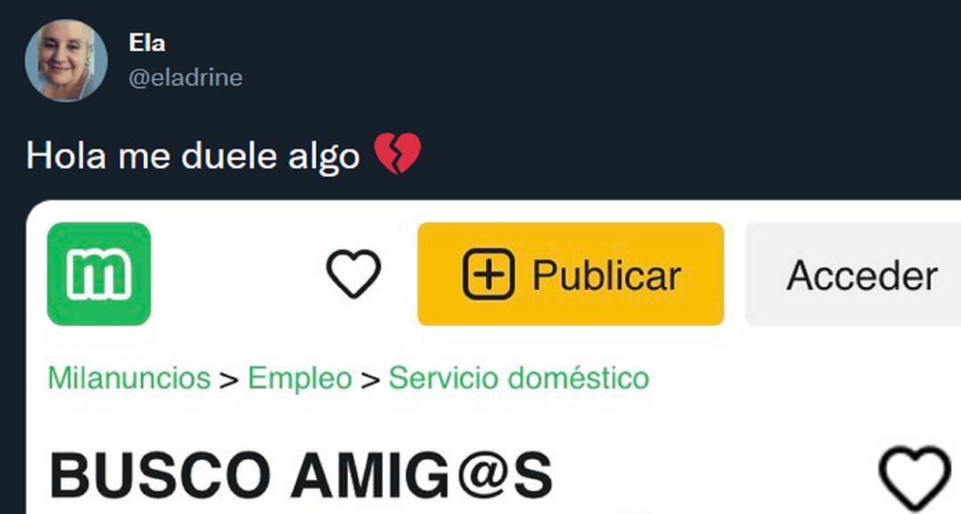 Tweet viral del anuncio publicado por un hombre mayor en Milanuncios.