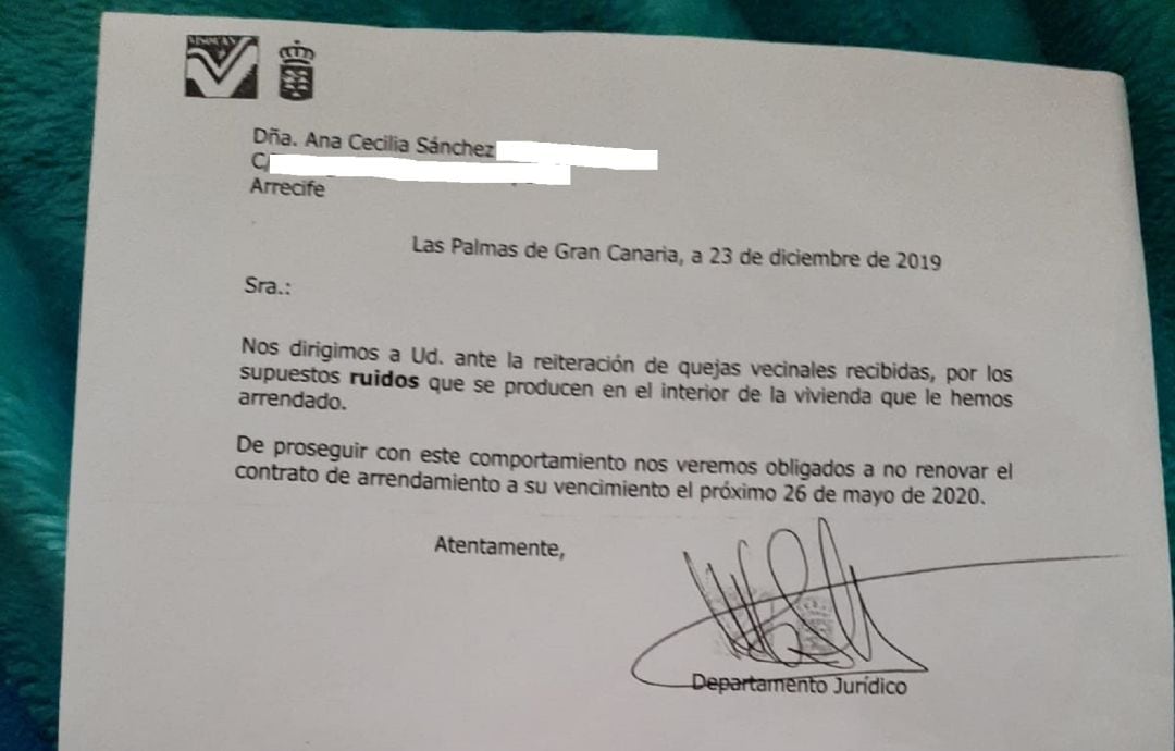 Detalle de la carta enviada por Visocan dirigida a Ana Cecilia Sánchez