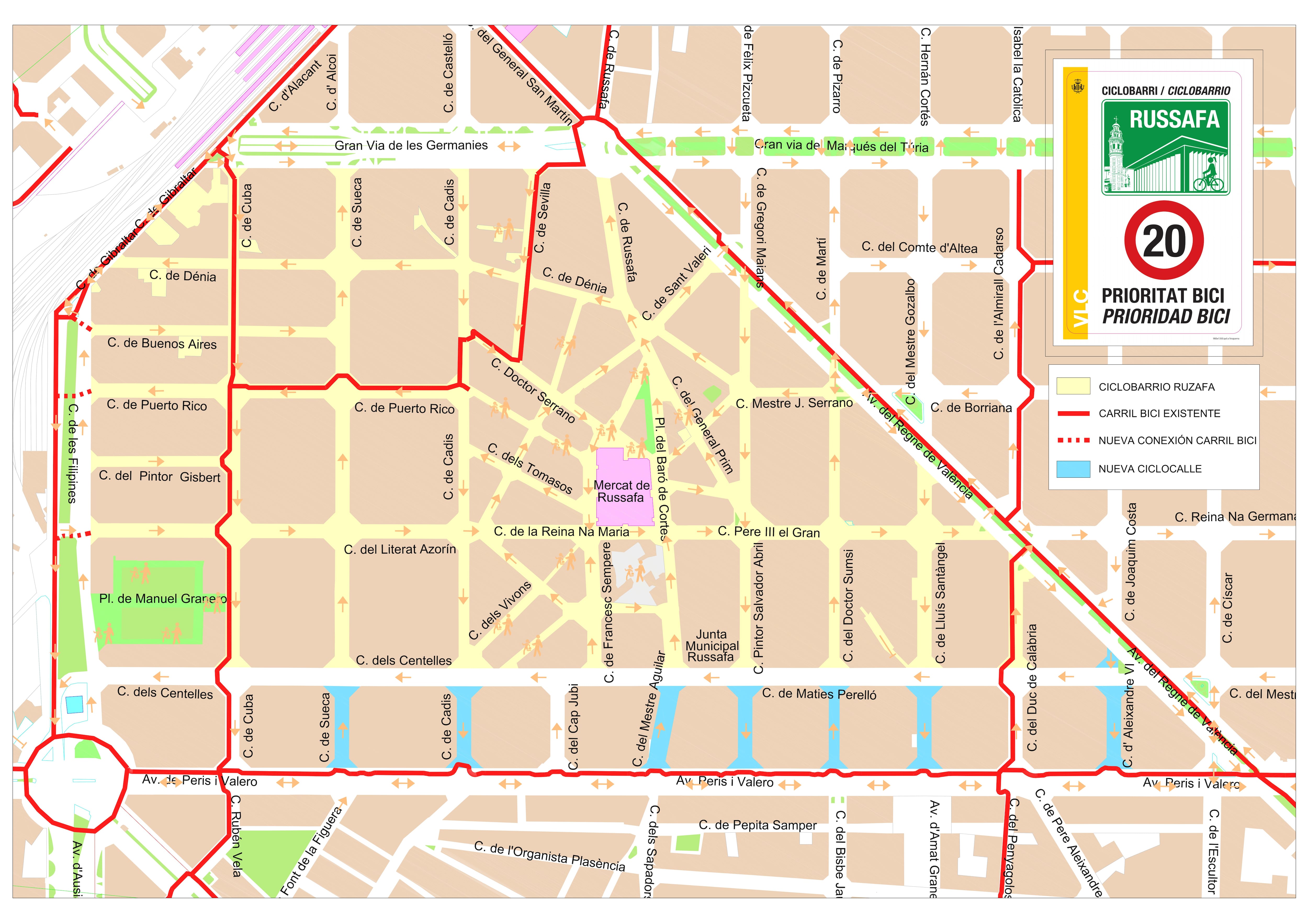 Mapa | Russafa será el primer ciclobarrio de València: prioridad para las bicis en todas las calles, los coches podrán ir como máximo a 20 km/h