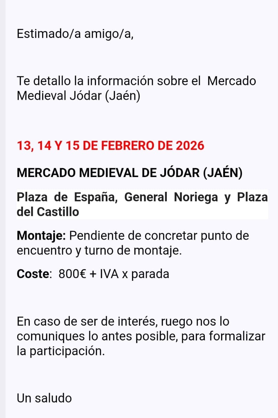 Oferta de la empresa adjudicataria a uno de los empresarios de Jódar