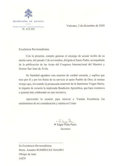 Misiva de la Secretaría de Estado del Vaticano al Obipo de Jaén, don Amadeo Rodríguez Magro