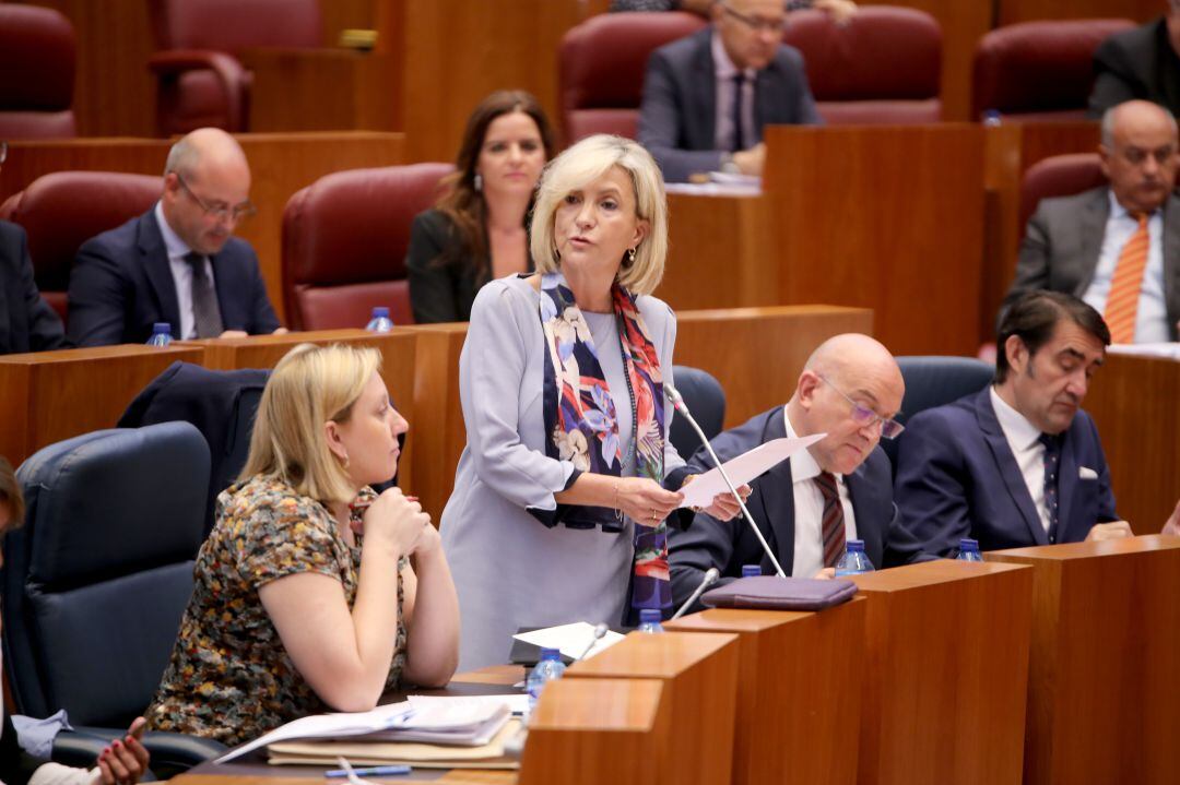 La consejera de Sanidad, Verónica Casado, durante su intervención en el Pleno de las Cortes