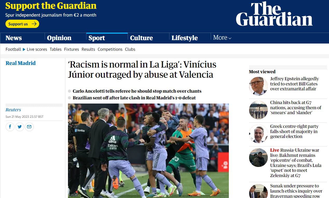 &#039;The Guardian&#039; se hace eco de los insultos racistas a Vinicius.