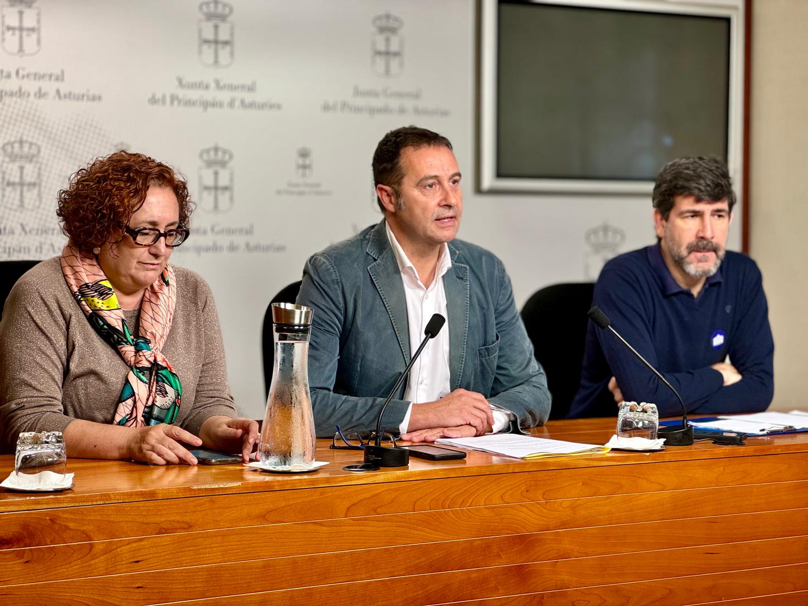 La responsable del CSIF en Asturias, Cristina Esteban, el diputado popular José Luis Costillas y el músico Pablo de la Carrera, en la sala de prensa de la Junta General (de izquierda a derecha)