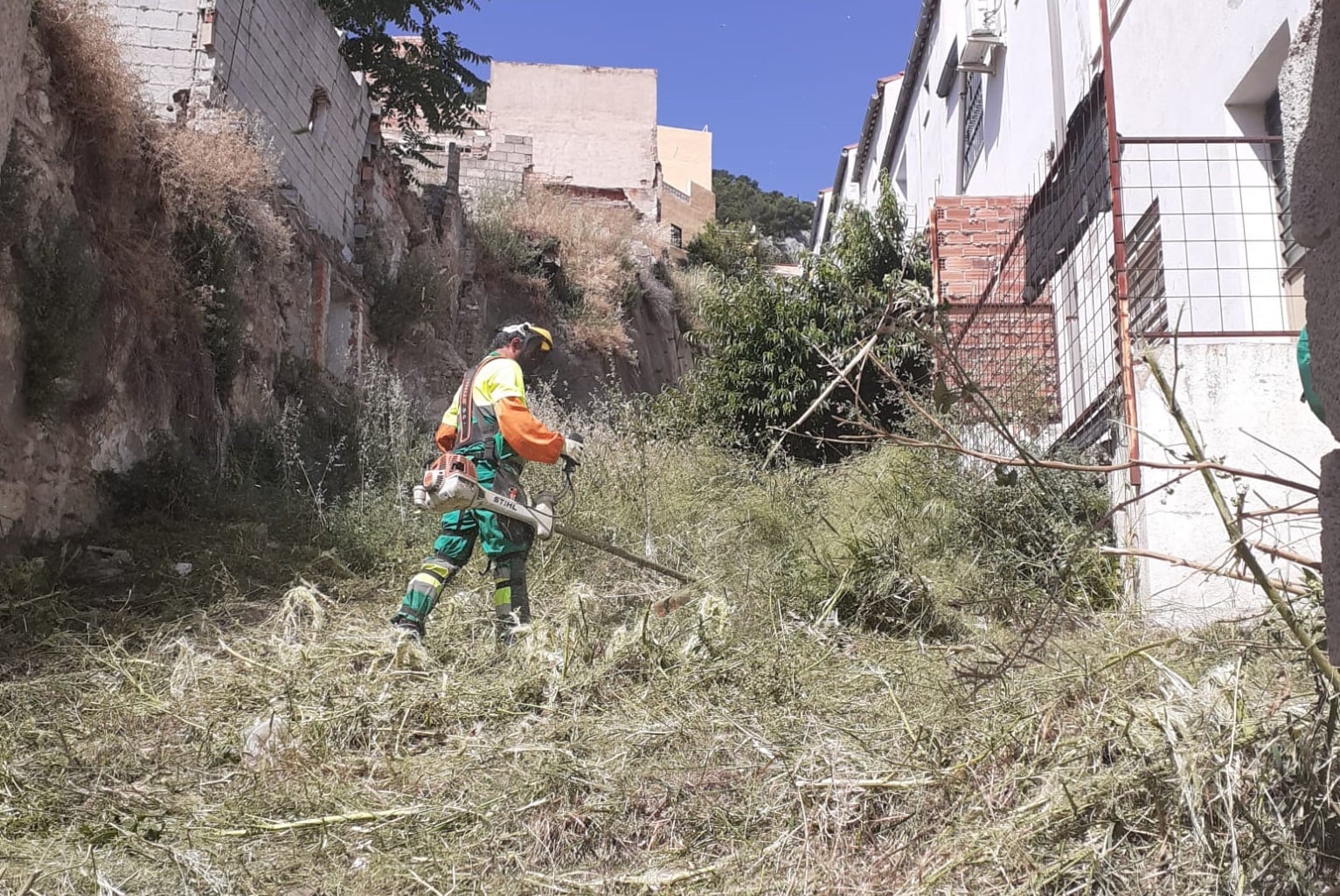 Un operario limpia una parcela en Jaén.