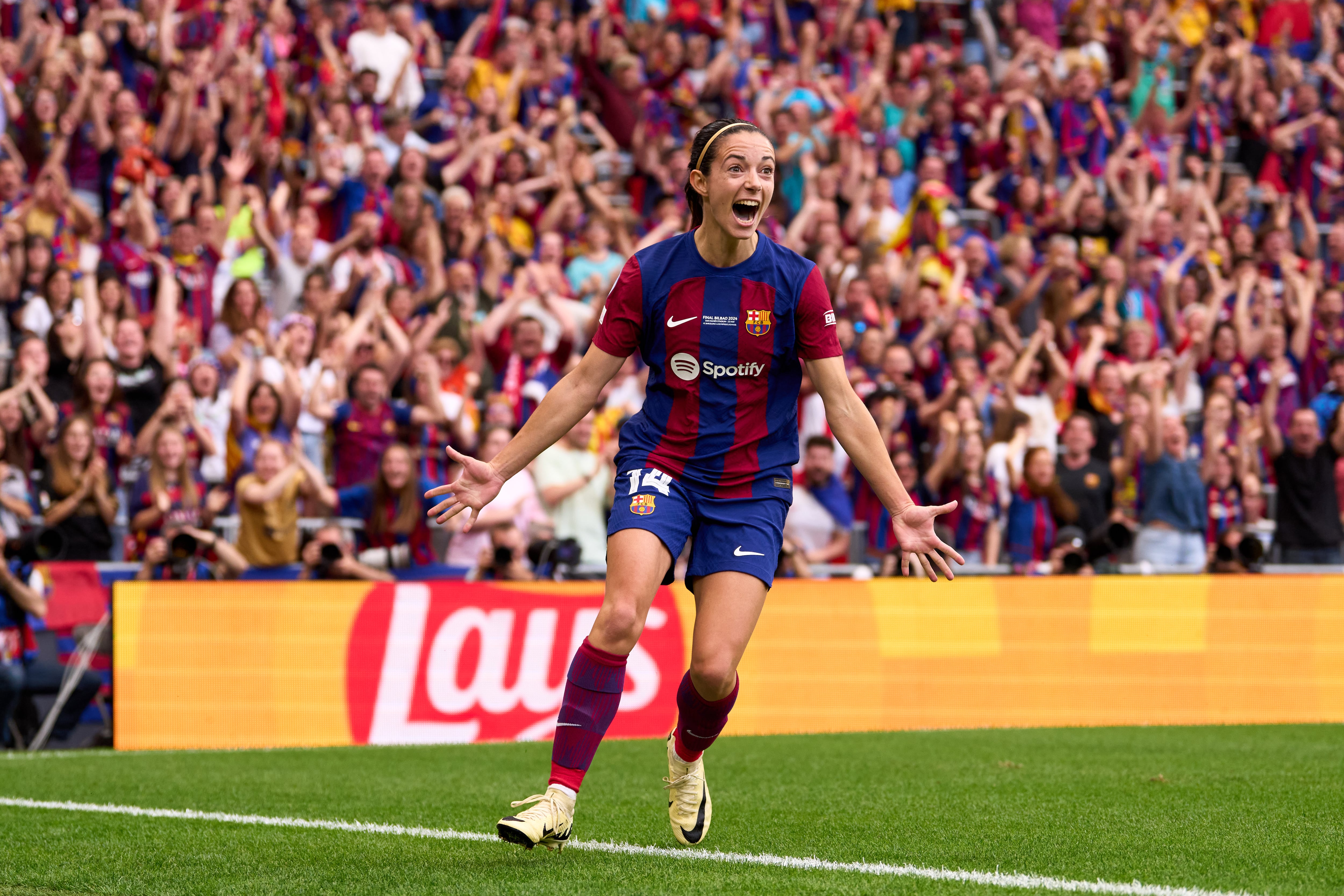 BILBAO, SPAIN - MAY 25: Aitana Bonmati of FC Barcelona celebrates after scoring her team&#039;s first goal during the UEFA Women&#039;s Champions League 2023/24 Final match between FC Barcelona and Olympique Lyonnais at San Mames Stadium on May 25, 2024 in Bilbao, Spain. (Photo by Alex Caparros - UEFA/UEFA via Getty Images)