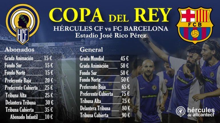 Precios de las entradas del partido de Copa del Rey entre el Hércules CF y el FC Barcelona