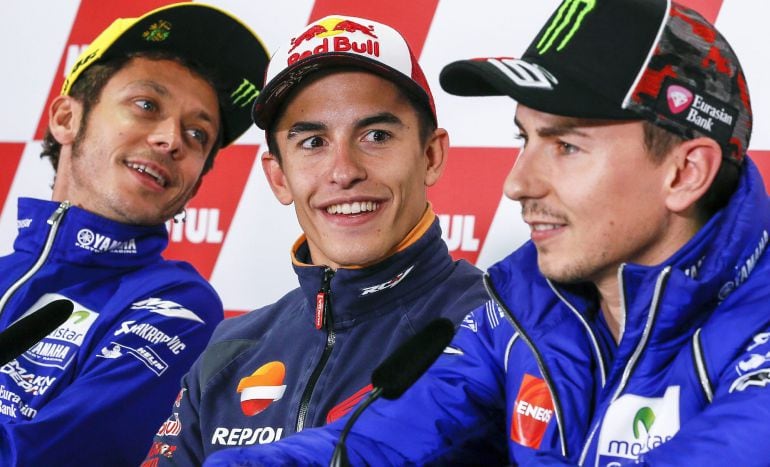 Valentino Rossi, Marc Márquez y Jorge Lorenzo, en una rueda de prensa.