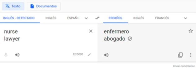 Figura 2. Captura de pantalla de Google Translate que muestra masculino genérico en la traducción de un listado de palabras (14-05-2020).