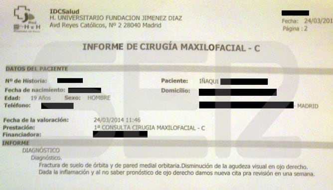 Extracto del informe médico de Iñaqui, el joven herido por una pelota de goma