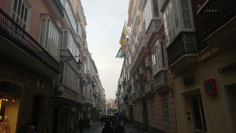 Calle Ancha de Cádiz con el edificio del Rectorado, con las banderas, a la derecha