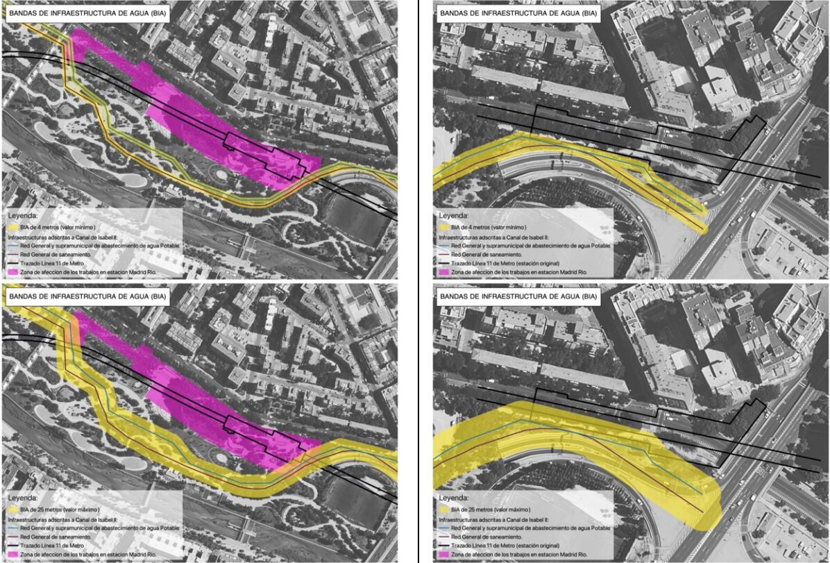 Comparativa de las afecciones de la estación de Madrid Río en el Paseo de Yeserías y en el parque de la Arganzuela