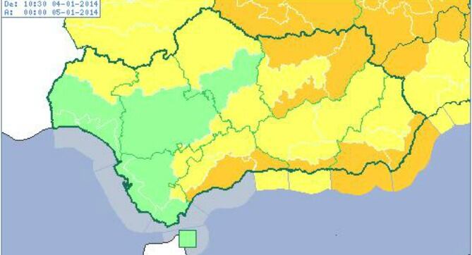 Mapa de Meterología con los fenómenos costeros en el que se indican las zonas afectadas por la alerta naranja y la amarilla debido a los fuertes vientos