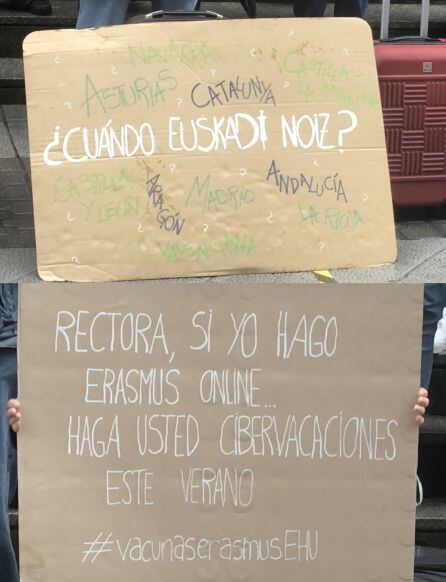 Una veintena de jóvenes se han concentrado este domingo ante el Palacio de Justicia de Bilbao con maletas y carteles pidiendo ser inmunizados