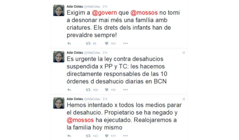 Tweets de la alaldesa Ada Colau hablando del desahucio.