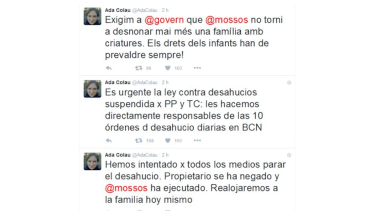 Colau pide a los Mossos que no ejecuten desahucios a familias con niños