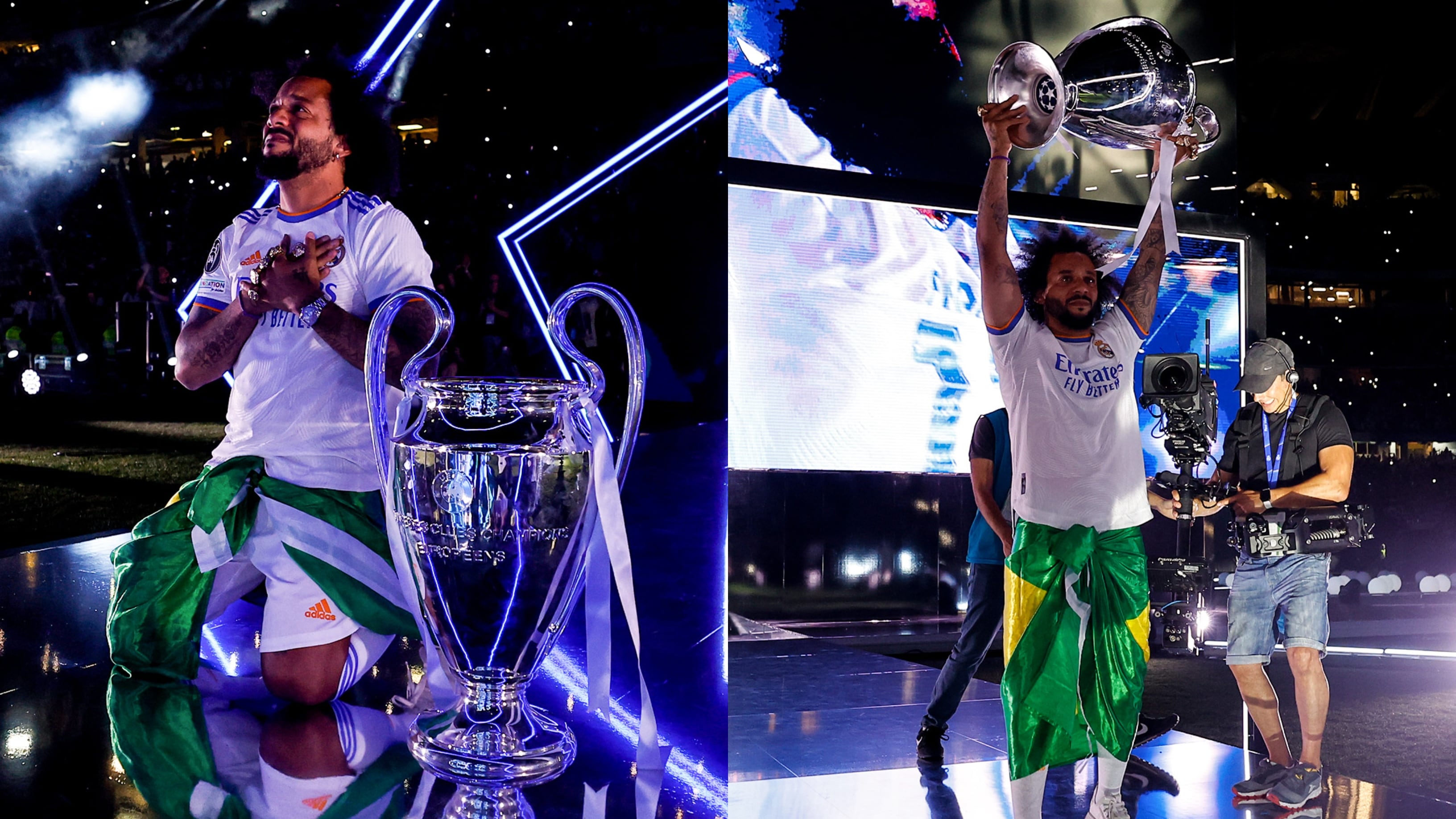 Marcelo Vieira, en la celebración de la Decimocuarta con el Santiago Bernabéu