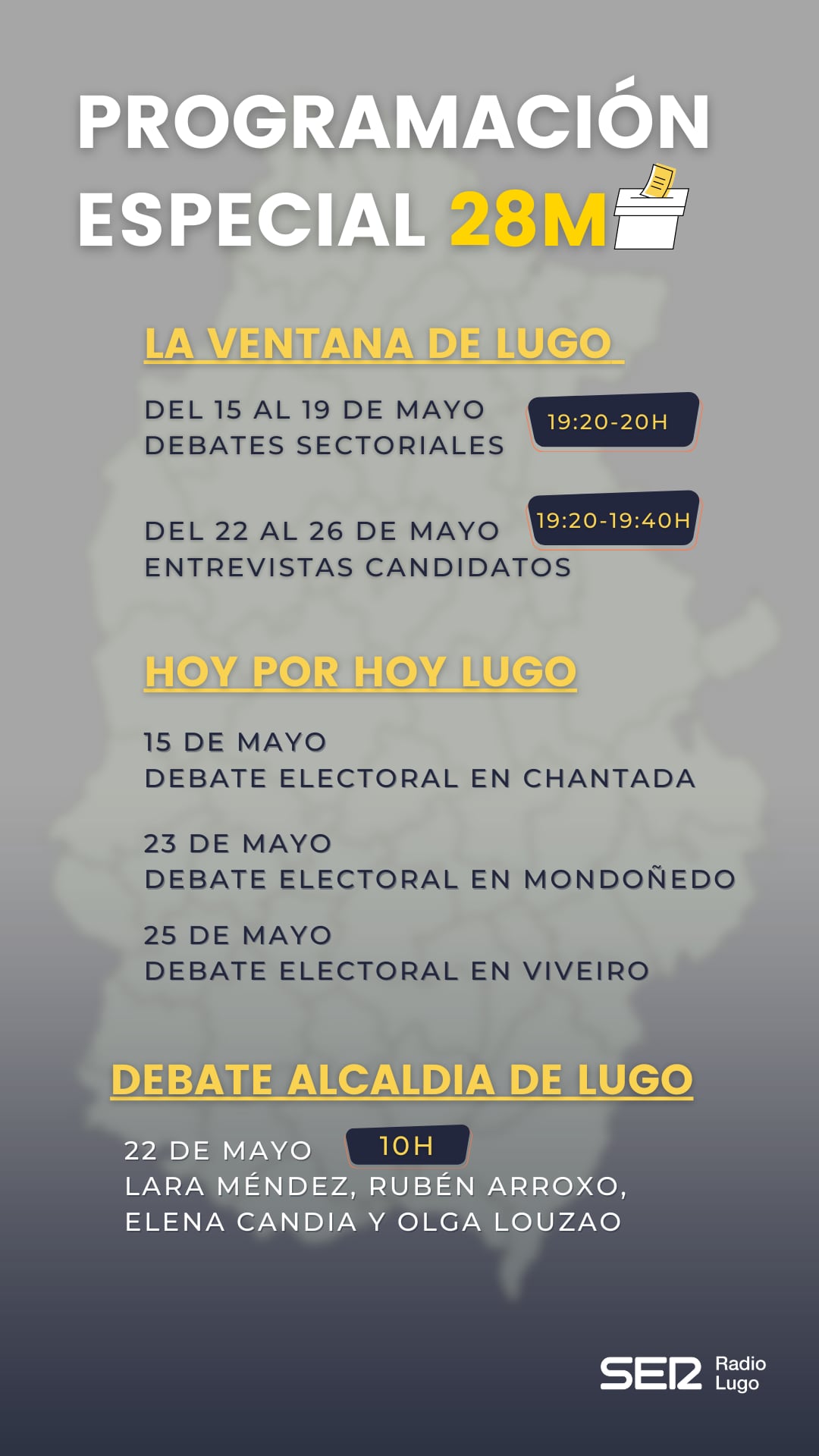 Desglose de la programación especial de Radio Lugo durante el periodo electoral de cara al 28 de mayo 2023