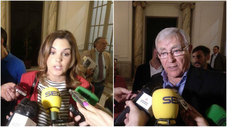 Sandra Gómez y Joan Ribó atienden a los medios de comunicación este jueves minutos antes de la celebración del pleno del Ayuntamiento