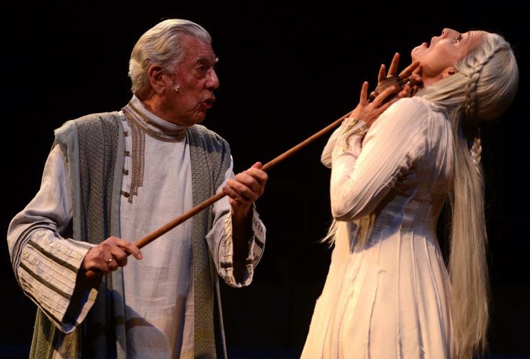 Peruvian writer and 2010 Nobel Literature prize winner, Mario Vargas Llosa and Spanish actress Aitana Sanchez Gijon perform during the general rehearsal of &quot;Tales of the plague&quot; (Los cuentos de la peste) at the Teatro Espanol in Madrid on January 22, 2015