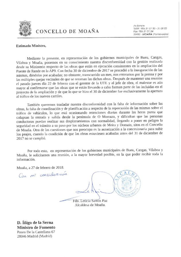 Carta de los gobiernos de Bueu, Cangas, Moaña y Vilaboa al ministro de Fomento.