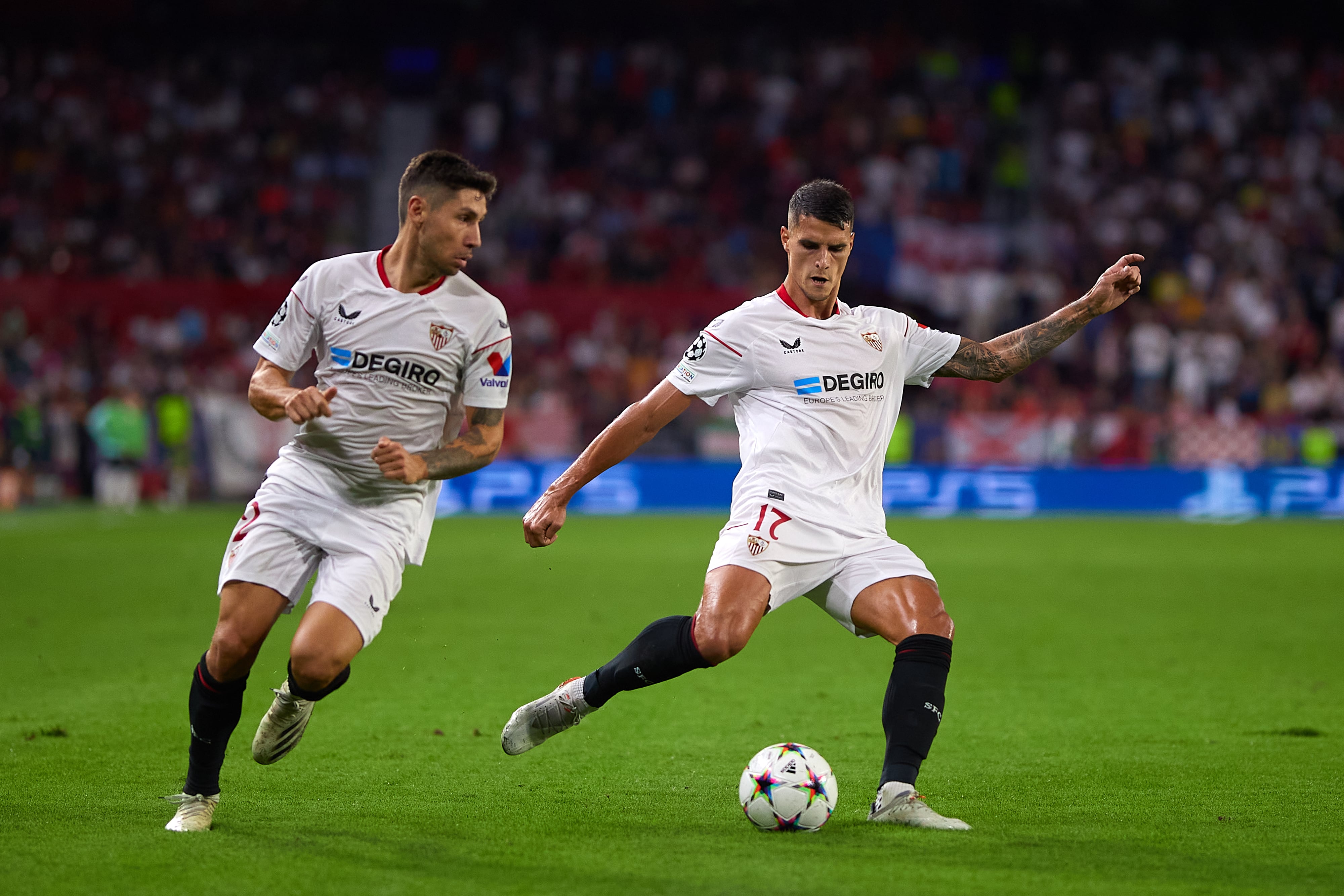 Lamela y Montiel, durante un partido de la presente edición de la Champions.