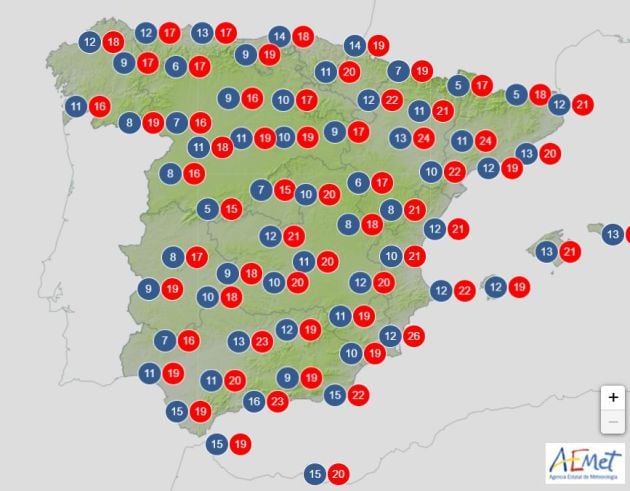 Mapa de temperaturas máximas y mínimas previsto para el domingo.