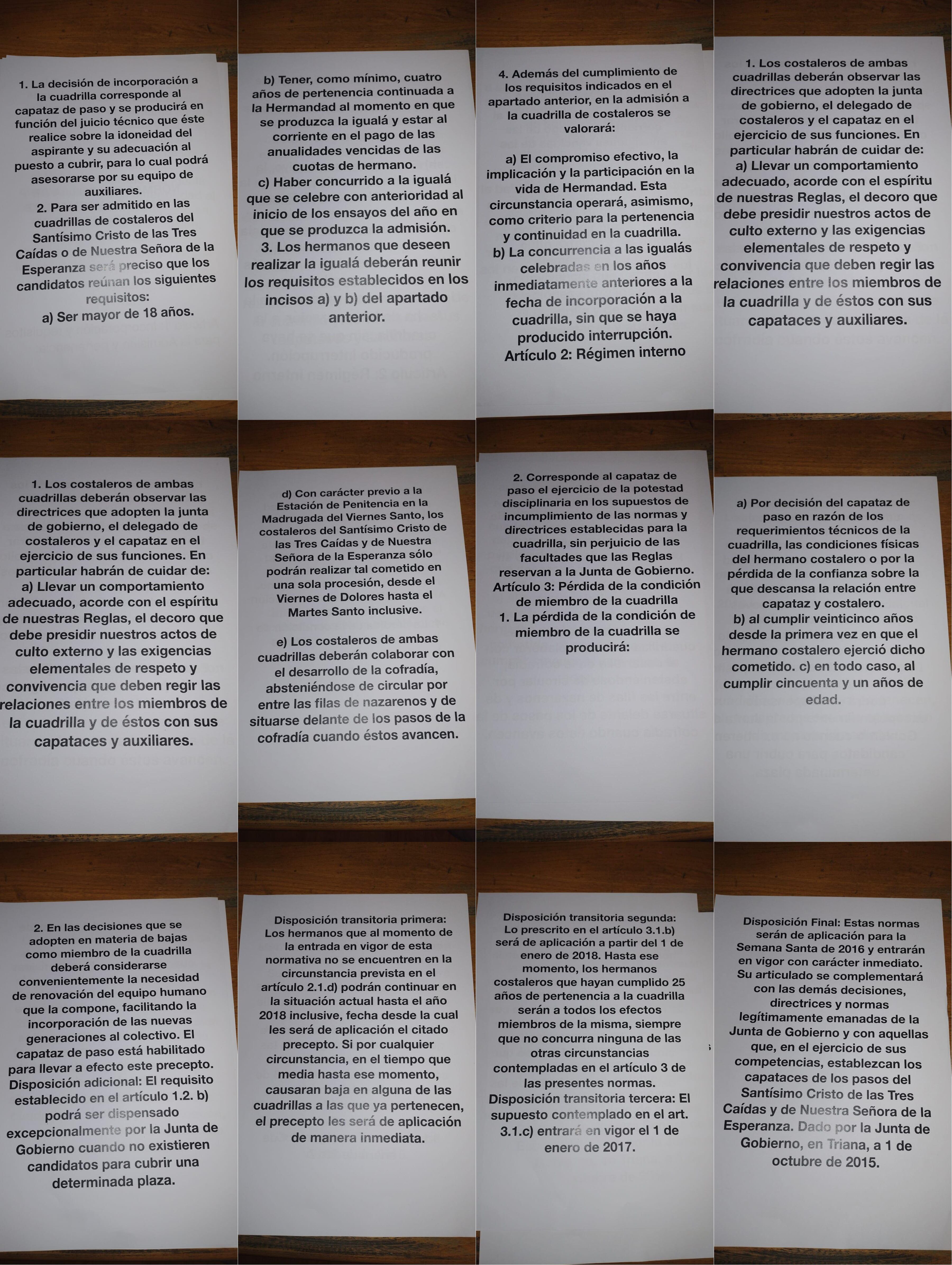 Normas de la Esperanza de Triana para sus cuadrillas de costaleros