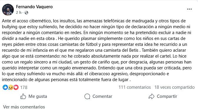 Fernando Vaquero ha publicado en su perfil de FB que está sufriendo ciberacoso tras conocerse su cartel de la Cabalgata de Reyes de Sevilla