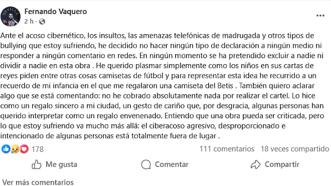 Fernando Vaquero ha publicado en su perfil de FB que está sufriendo ciberacoso tras conocerse su cartel de la Cabalgata de Reyes de Sevilla