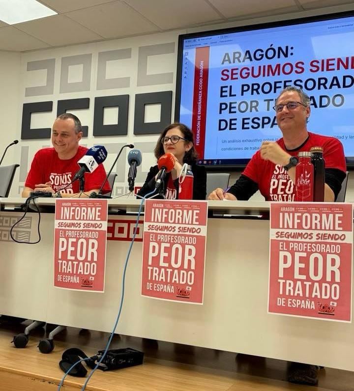 Rueda de prensa de CCOO denunciando la mala situación del profesorado aragonés