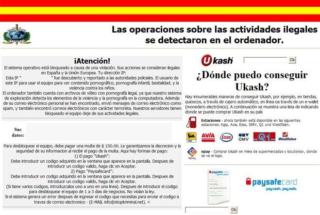 Captura de pantalla del mensaje que este virus informático muestra en el ordenador