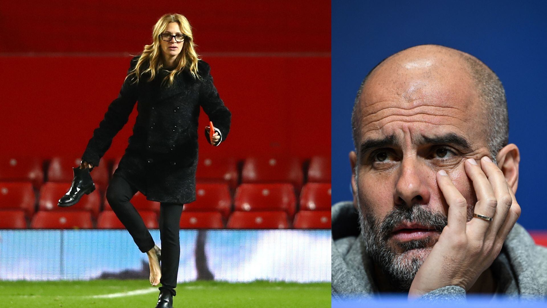 A la izquierda, Julia Roberts en el campo del United; a la derecha, Guardiola, durante una rueda de prensa